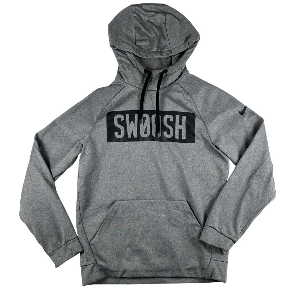 Nike Hoodie Mens Small Gray Dri-FIT Swoosh Graphic Fleece Pullover Sweatshirt